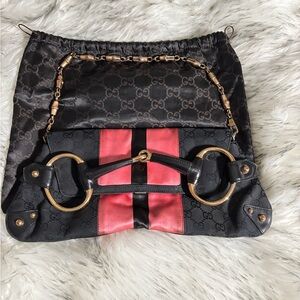 Gucci Horsebit 1955 Chain Large Shoulder Bag Black Monogram with Pink Silk